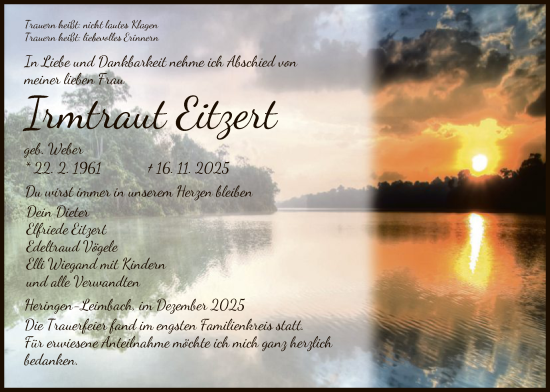 Traueranzeige von Irmtraut Eitzert von HZHN