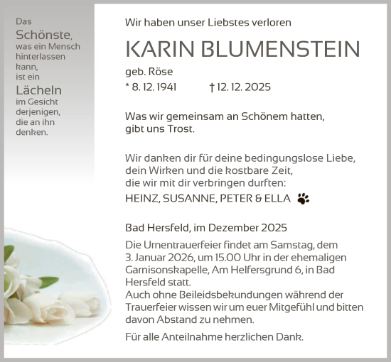 Traueranzeige von Karin Blumenstein von HZ