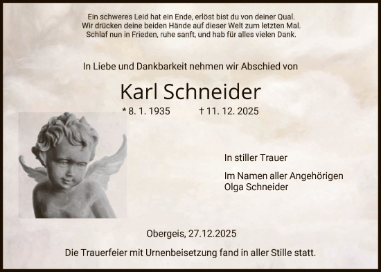 Traueranzeige von Karl Schneider von HZ