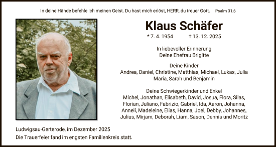 Traueranzeige von Klaus Schäfer von HZHN