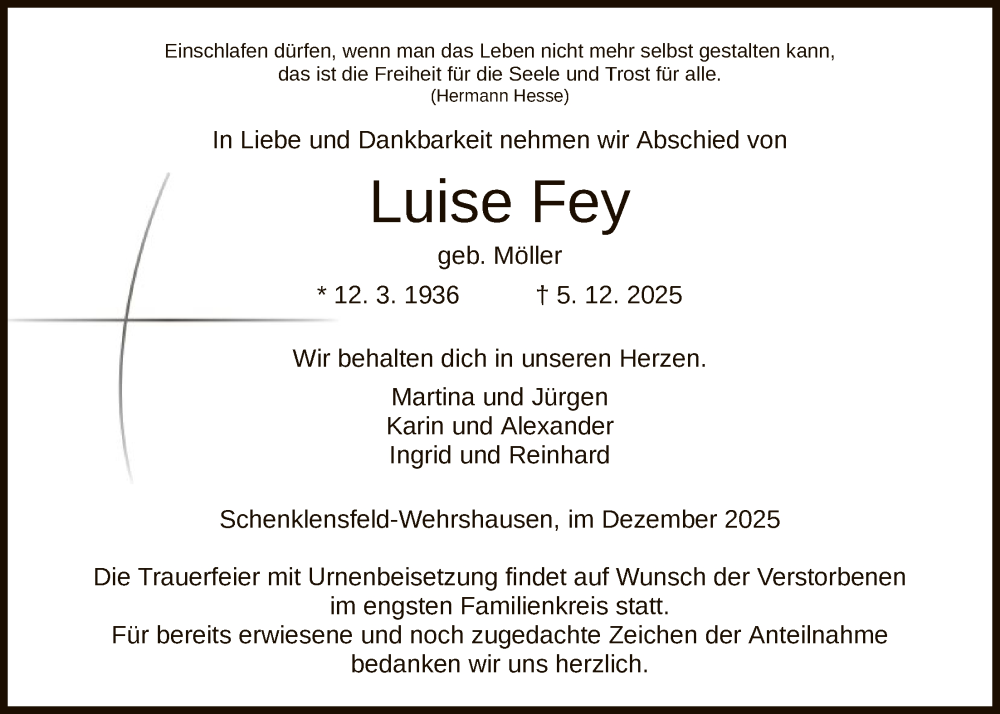  Traueranzeige für Luise Fey vom 13.12.2025 aus HZ