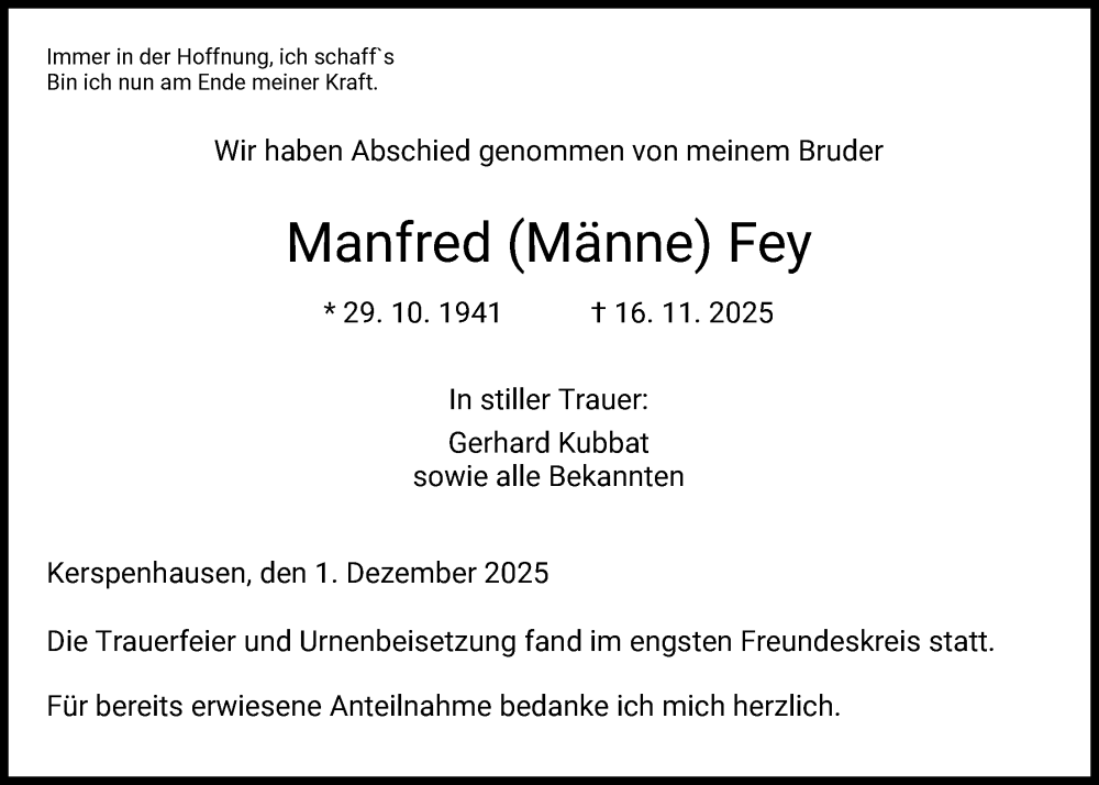  Traueranzeige für Manfred Fey vom 06.12.2025 aus HZ