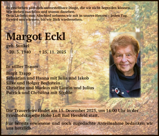 Traueranzeige von Margot Eckl von HZ