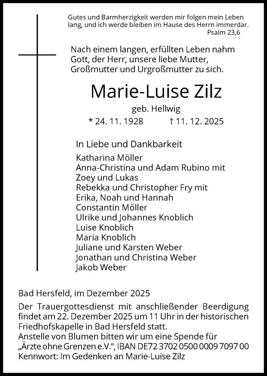 Traueranzeige von Marie-Luise Zilz von HZ
