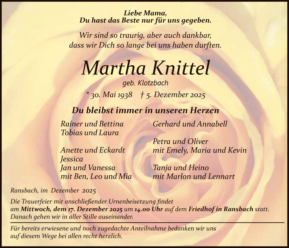  Traueranzeige für Martha Knittel vom 13.12.2025 aus HZ