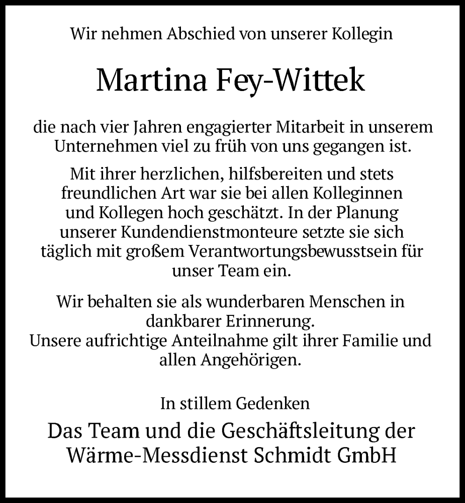  Traueranzeige für Martina Fey-Wittek vom 06.12.2025 aus HZ