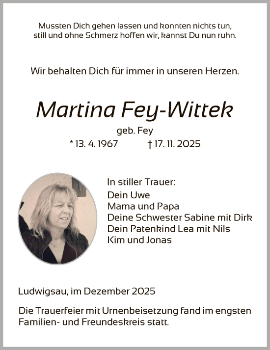 Traueranzeige von Martina Fey-Wittek von HZHN