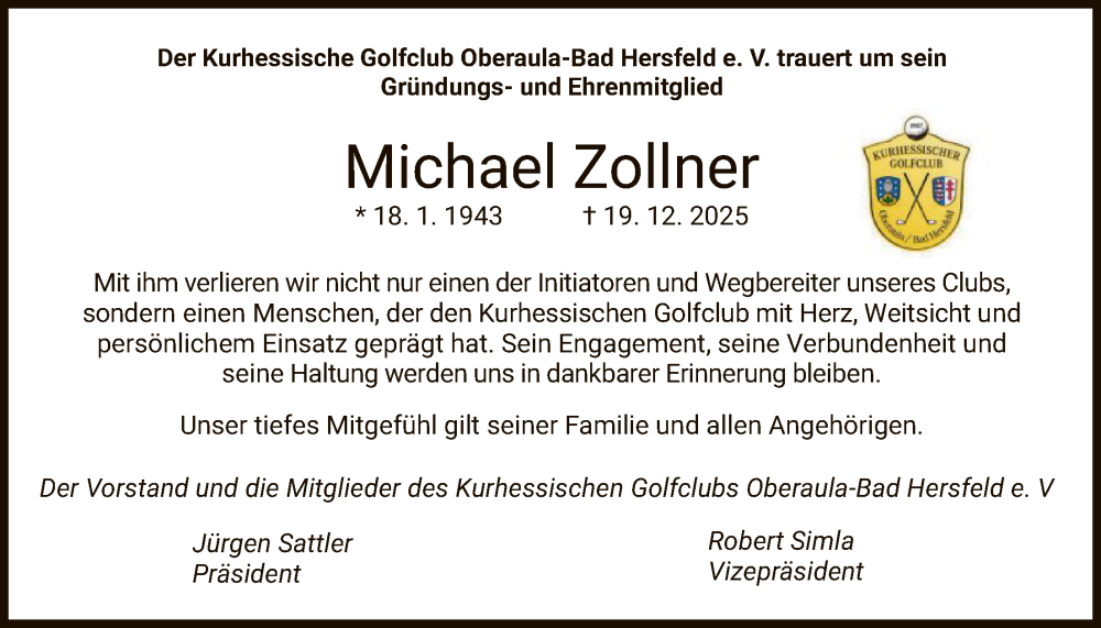  Traueranzeige für Michael Zollner vom 27.12.2025 aus HZHNA