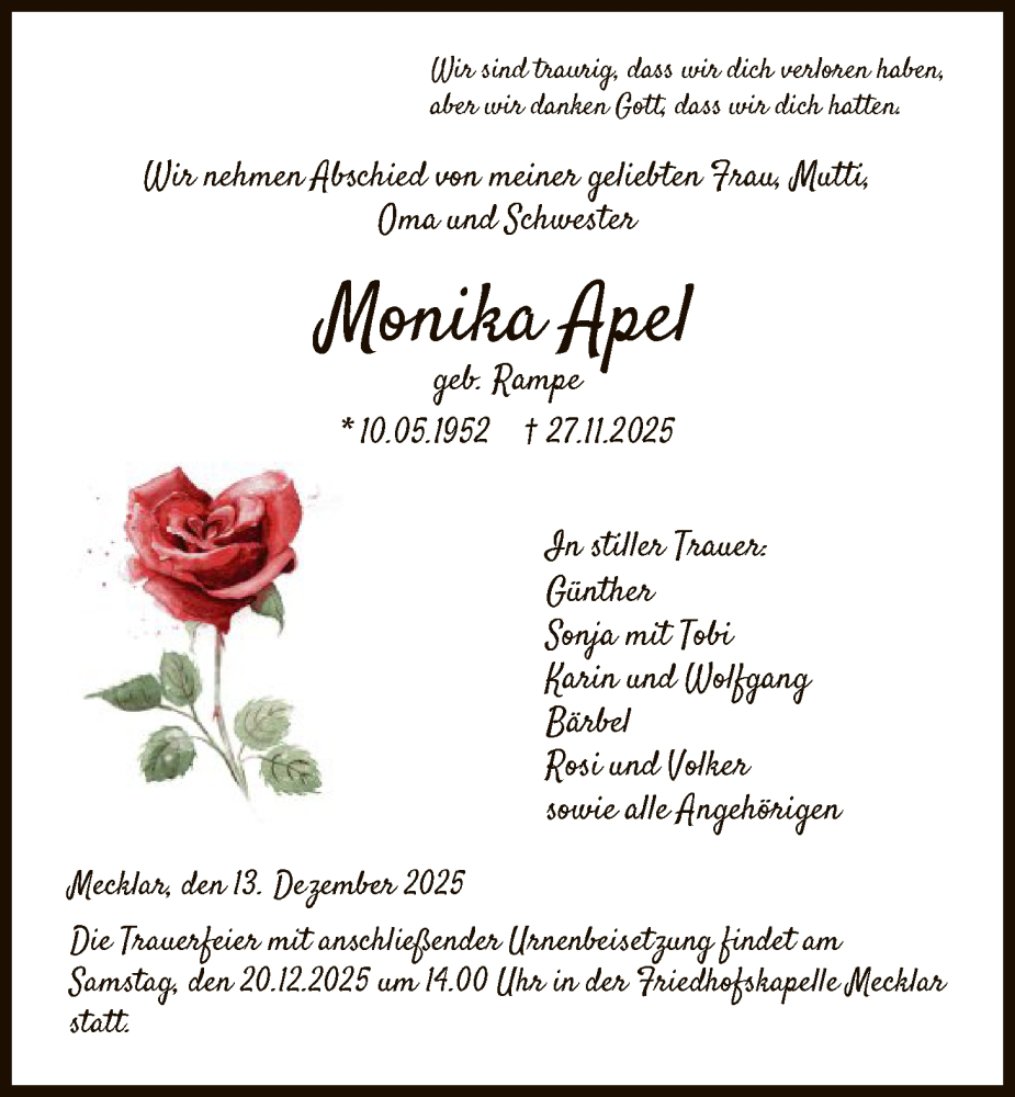  Traueranzeige für Monika Apel vom 13.12.2025 aus HZ