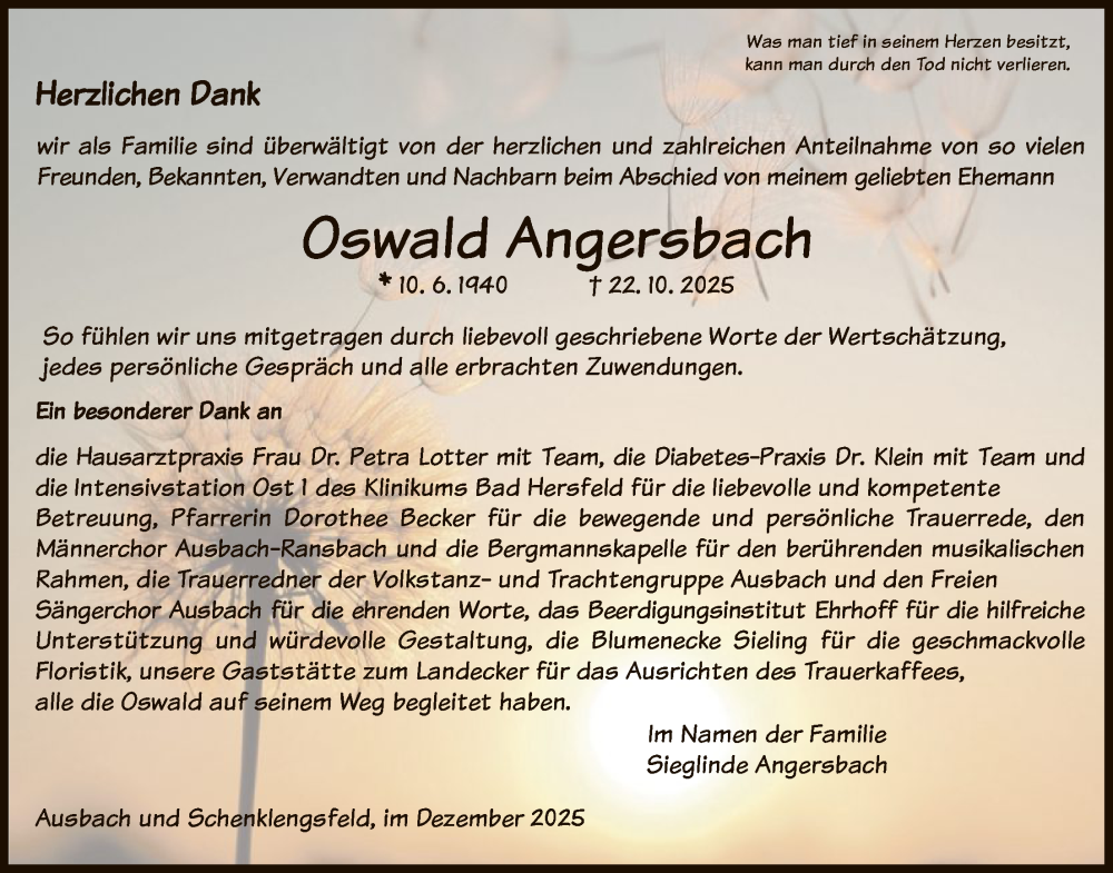  Traueranzeige für Oswald Angersbach vom 13.12.2025 aus HZ