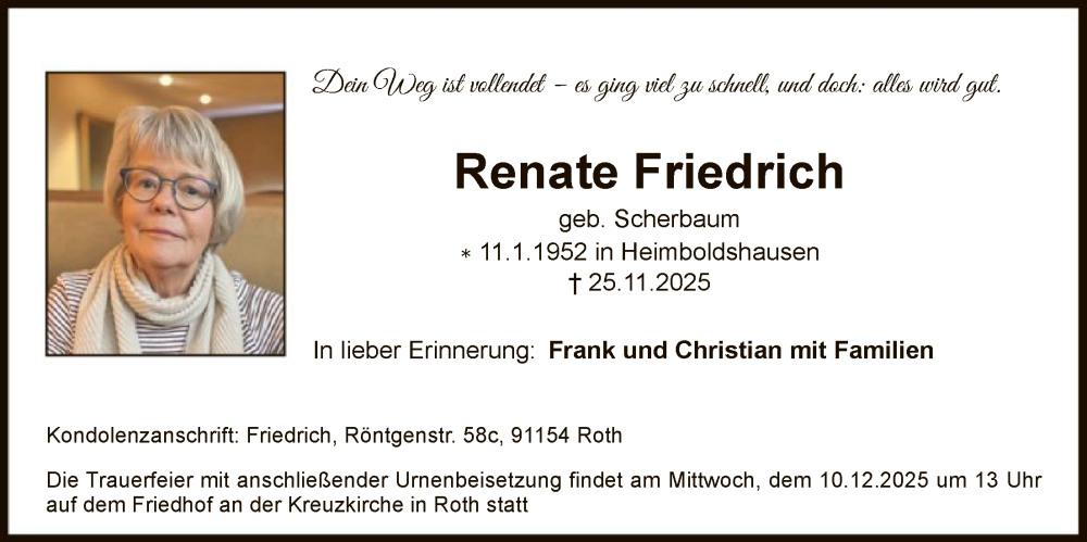  Traueranzeige für Renate Friedrich vom 06.12.2025 aus HZHN