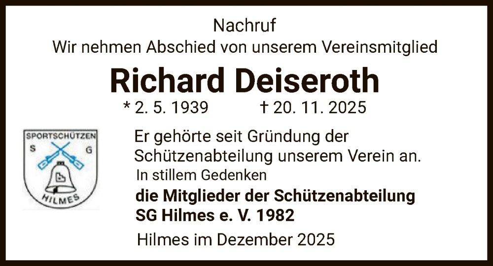  Traueranzeige für Richard Deiseroth vom 06.12.2025 aus HZ