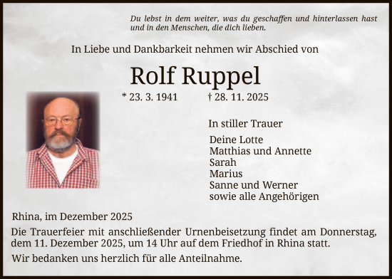 Traueranzeige von Rolf Ruppel von HZFU
