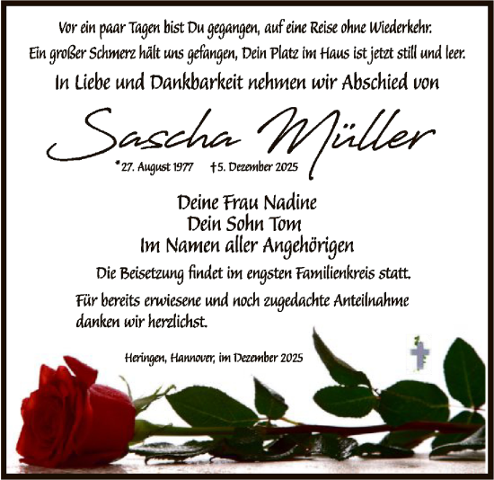 Traueranzeige von Sascha Müller von HZHN