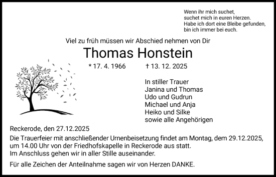 Traueranzeige von Thomas Honstein von HZ
