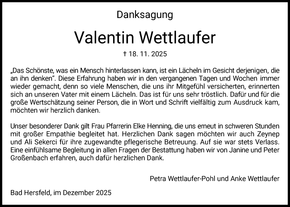  Traueranzeige für Valentin Wettlaufer vom 20.12.2025 aus HZ