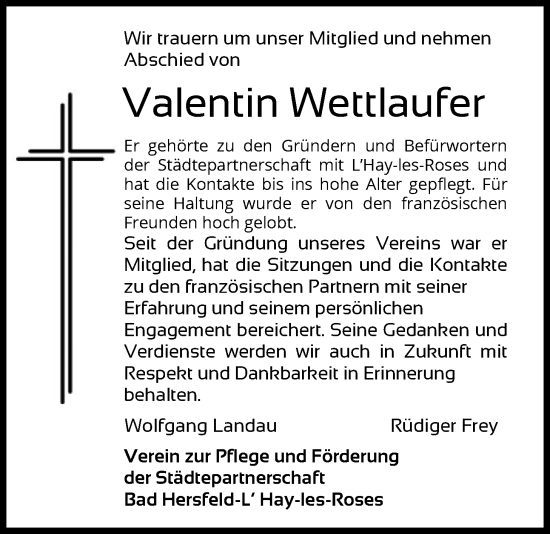 Traueranzeige von Valentin Wettlaufer von HZ