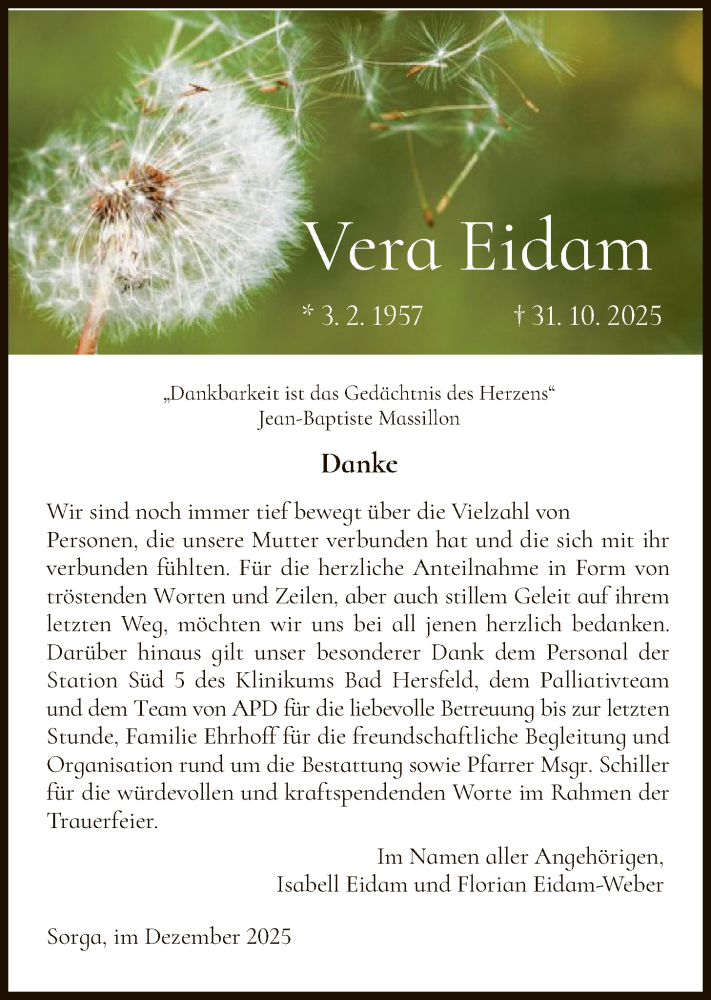 Traueranzeige für Vera Eidam vom 06.12.2025 aus HZ