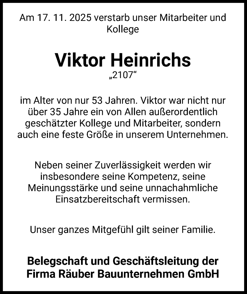 Traueranzeige für Viktor Heinrichs vom 06.12.2025 aus HZ