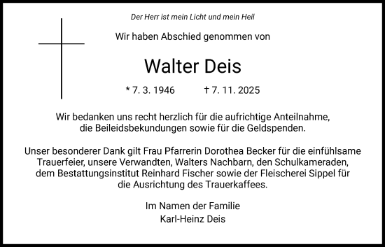 Traueranzeige von Walter Deis von HZ