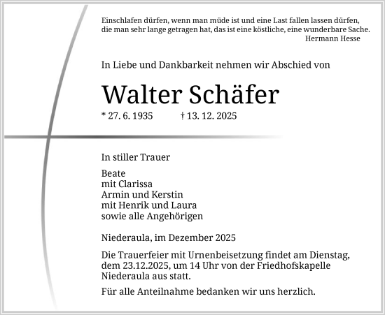 Traueranzeige von Walter Schäfer von HZ