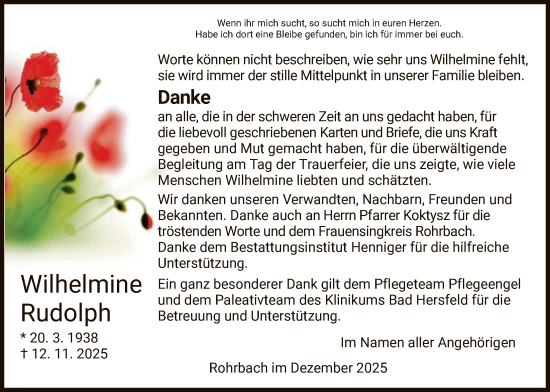 Traueranzeige von Wilhelmine Rudolph von HZHN
