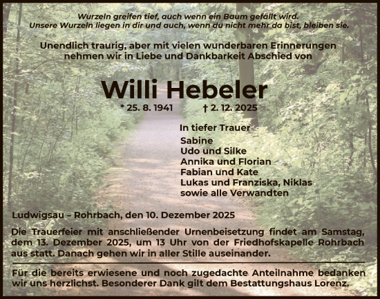 Traueranzeige von Willi Hebeler von HZ