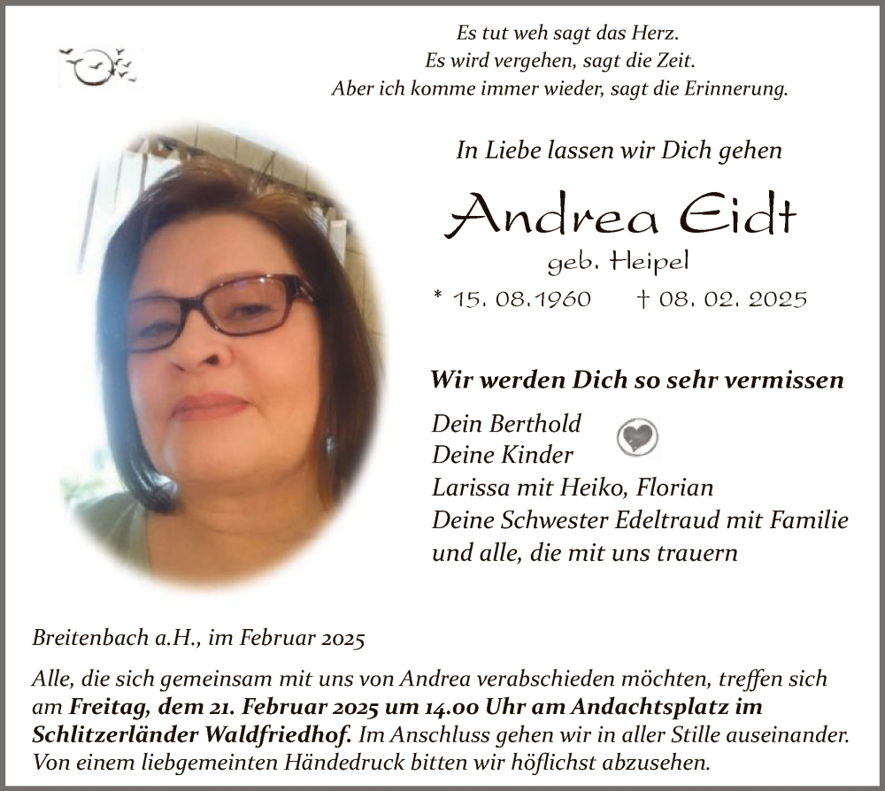  Traueranzeige für Andrea Eidt vom 15.02.2025 aus HZHNA