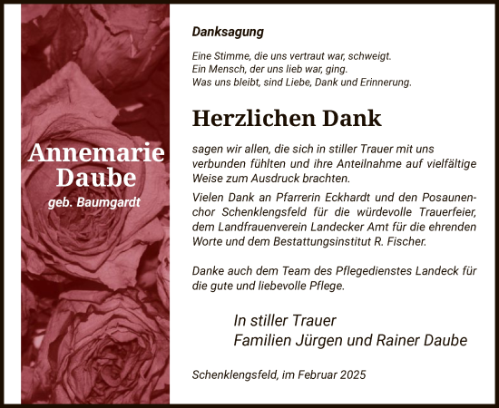 Traueranzeige von Annemarie Daube von HZ