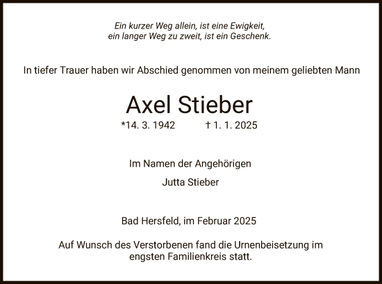 Traueranzeige von Axel Stieber von HZ