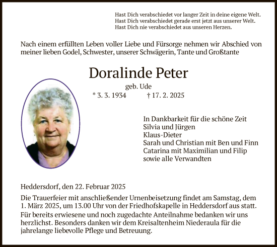 Traueranzeige von Doralinde Peter von HZ