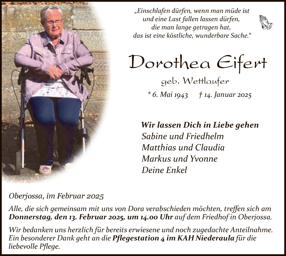  Traueranzeige für Dorothea Eifert vom 08.02.2025 aus HZ