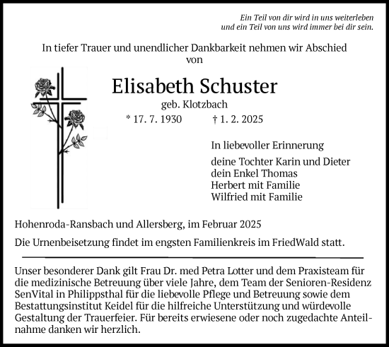 Traueranzeige von Elisabeth Schuster von HZHNA
