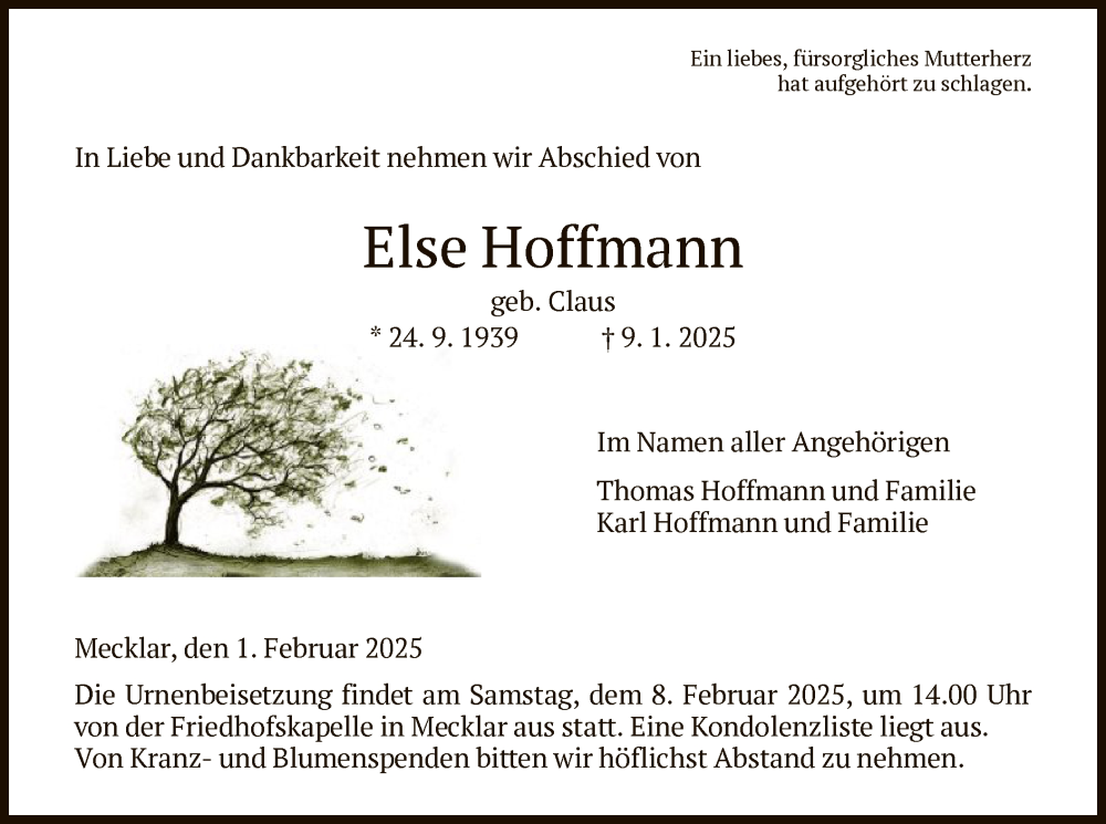  Traueranzeige für Else Hoffmann vom 01.02.2025 aus HZ