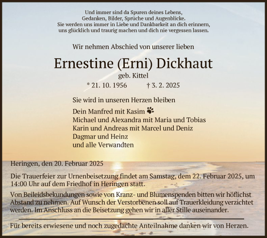 Traueranzeige von Ernestine Dickhaut von HZ