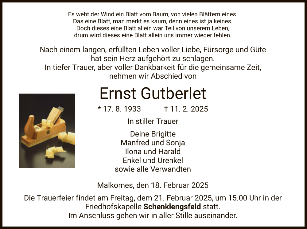  Traueranzeige für Ernst Gutberlet vom 18.02.2025 aus HZ