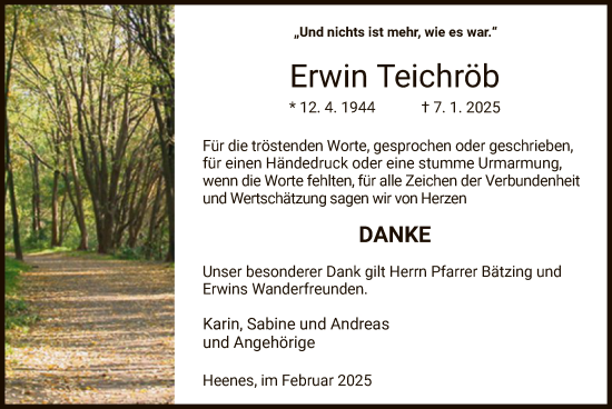Traueranzeige von Erwin Teichröb von HZ