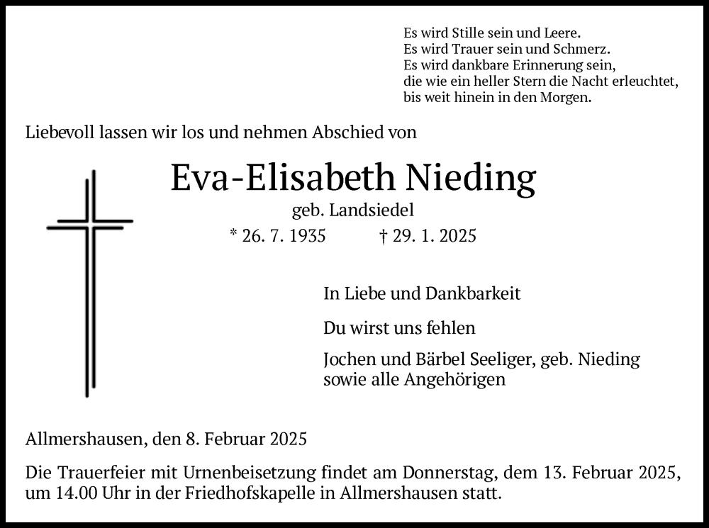  Traueranzeige für Eva-Elisabeth Nieding vom 08.02.2025 aus HZ