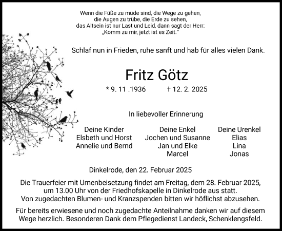 Traueranzeige von Fritz Götz von HZ