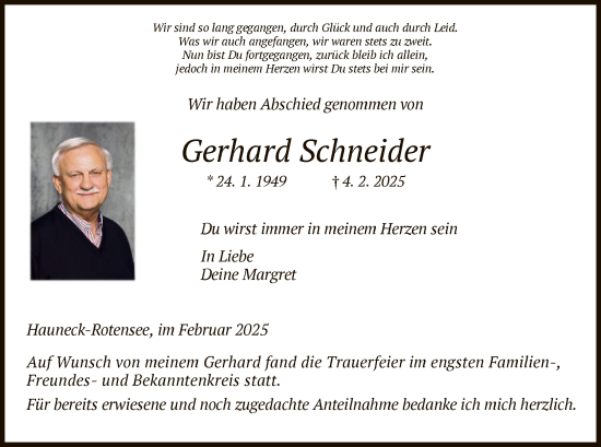 Traueranzeige von Gerhard Schneider von HZHNA