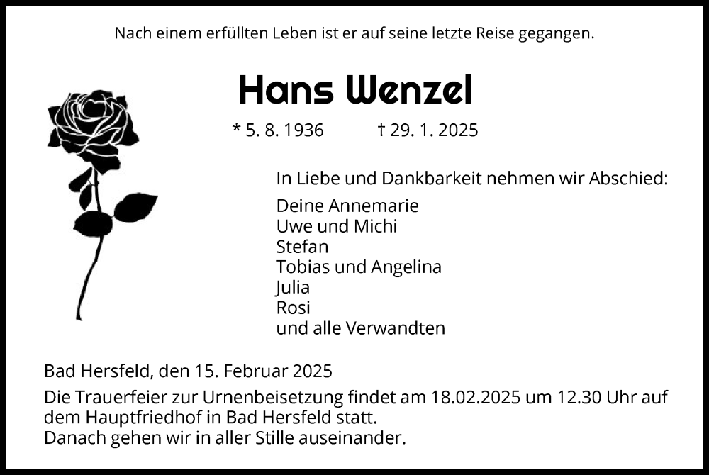  Traueranzeige für Hans Wenzel vom 15.02.2025 aus HZ