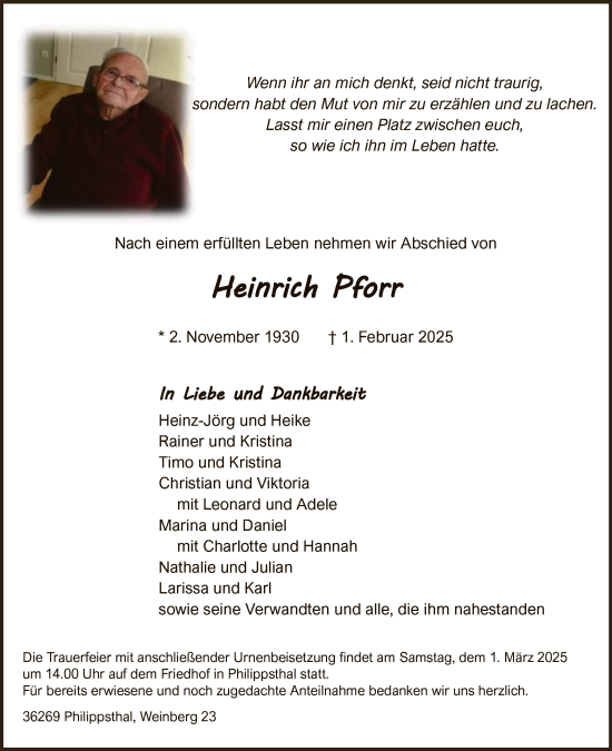 Traueranzeige von Heinrich Pforr von HZHNA