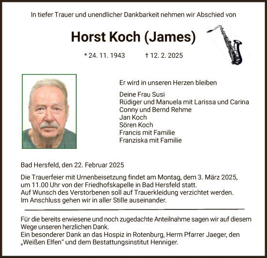 Traueranzeige von Horst Koch von HZHNA