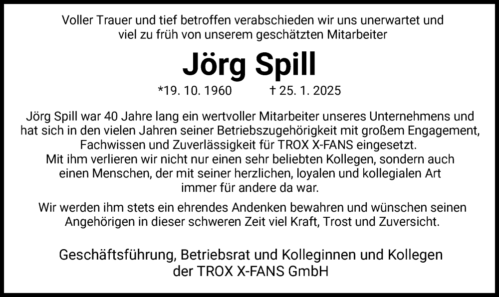  Traueranzeige für Jörg Spill vom 05.02.2025 aus HZ