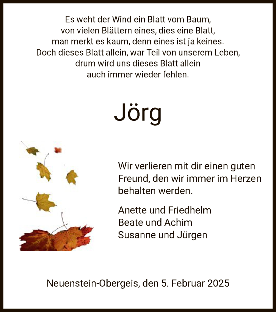  Traueranzeige für Jörg Spill vom 05.02.2025 aus HZ