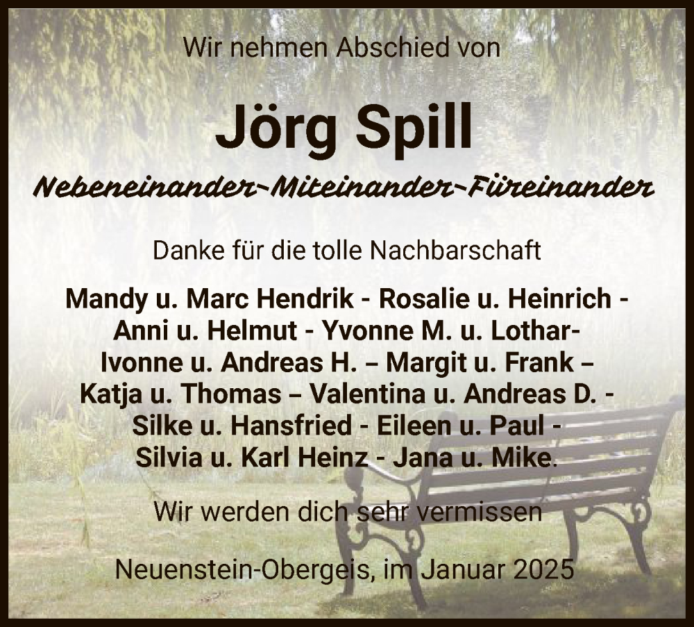  Traueranzeige für Jörg Spill vom 05.02.2025 aus HZ