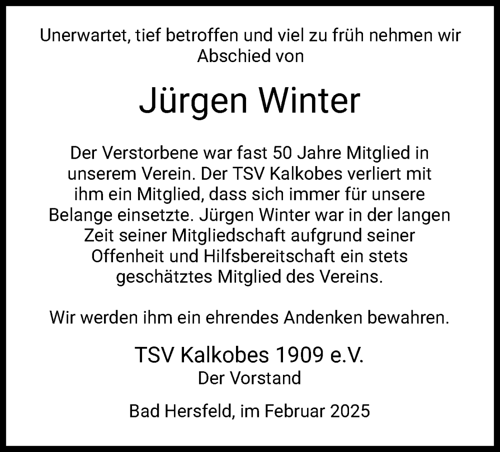  Traueranzeige für Jürgen Winter vom 05.02.2025 aus HZ