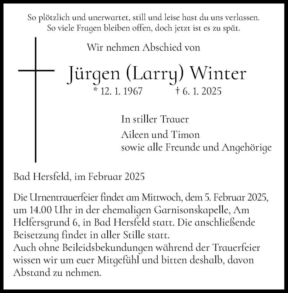  Traueranzeige für Jürgen Winter vom 01.02.2025 aus HZHNA