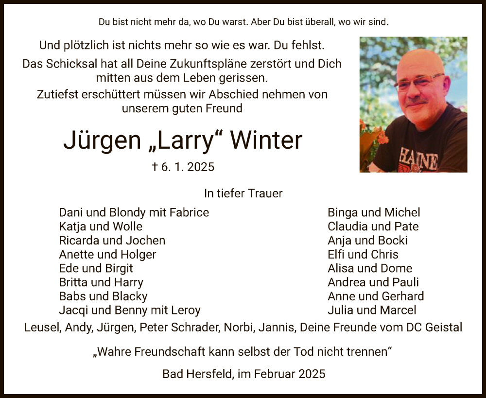  Traueranzeige für Jürgen Winter vom 05.02.2025 aus HZ