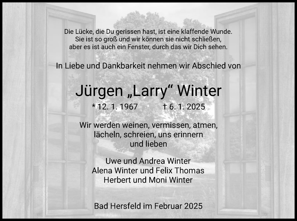  Traueranzeige für Jürgen Winter vom 05.02.2025 aus HZ